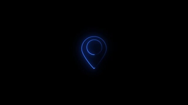 Blue Neon Glowing Map Pointer Location Icon Animation on Black Background.