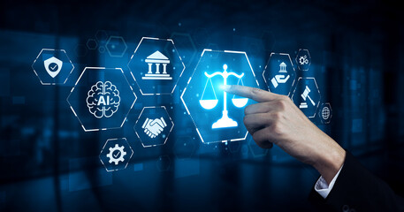 Futuristic digital law interface displaying justice scale, highlighting digital law, AI compliance,...