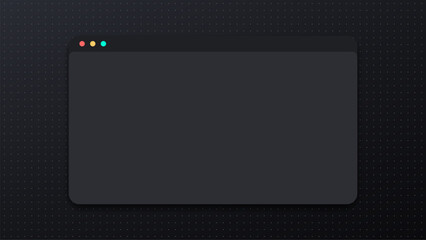 Dark web browser window mockup on a grid background. Empty blank interface with three colorful buttons for digital design. © hiten666