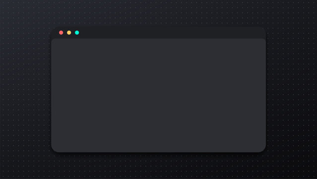 Dark web browser window mockup on a grid background. Empty blank interface with three colorful buttons for digital design.