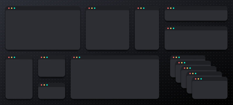 Empty web browser windows with dark theme UI design. Blank internet page tab layout for website or application template.