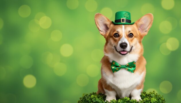 Cute welsh corgi dog wearing st patrick day hat green bowtie sitting on grass with bokeh background. Festive fun animal ready for celebration.