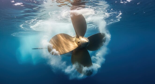 Massive bronze boat propeller spins vigorously underwater creating swirling currents and bubbles