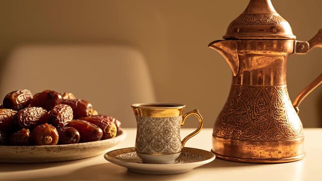 Dates and traditional Arabic coffee pot with ornate cup