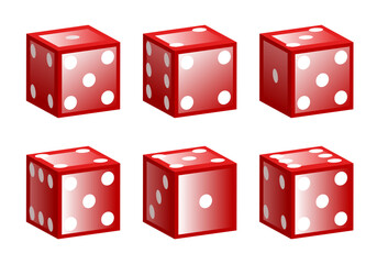 Red dice set. Vector 3d icon set isolated on white background.