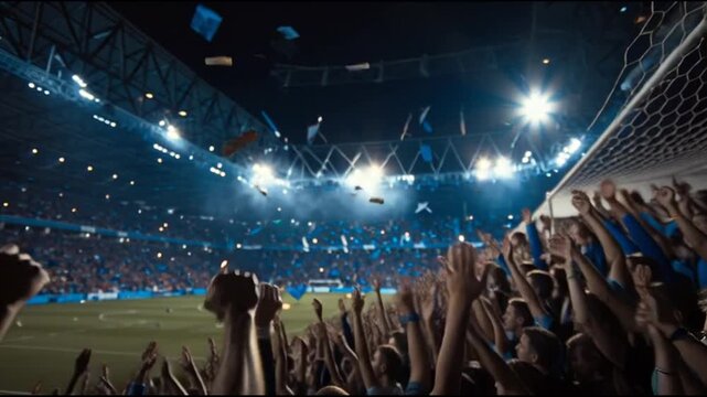 Excited crowd cheering at a soccer match in a stadium with stadium lights shining down on the field