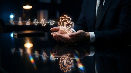 Businessman presenting secure technology solutions with shield icon