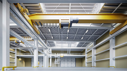 Modern industrial warehouse interior with steel framework and crane rails.