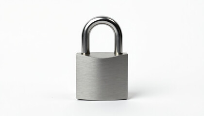 Fototapeta premium A sturdy, secure metal padlock without markings, featuring a brushed texture, isolated on a white studio background.
