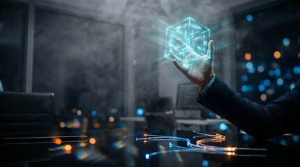 Businessman interacting with futuristic digital cube in modern office space