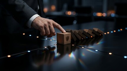 Businessman preventing domino effect with protective shield block