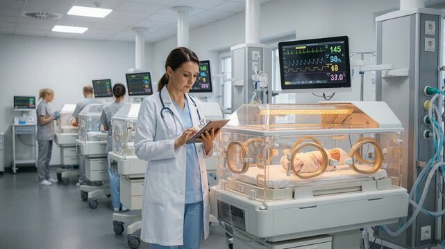 Medical staff carefully examine premature baby in intensive care unit