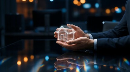 Businessman holding digital house in hands with city lights background