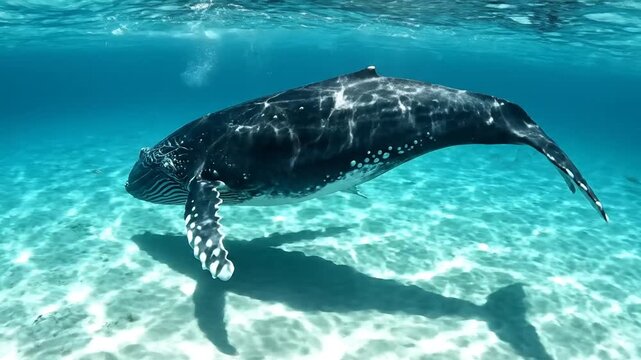 Humpback whale swimming gracefully above a sunlit sandy ocean floor.