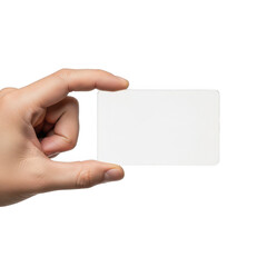 Obraz premium A hand holding a blank white card against a white background isolated on transparent background