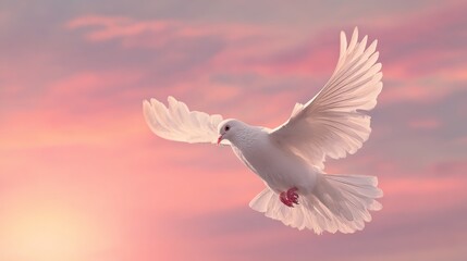 Obraz premium Graceful white dove soaring in vibrant pink sunset sky
