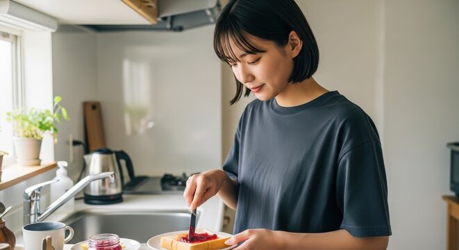 キッチンでトーストにジャムを塗る朝食風景の女性