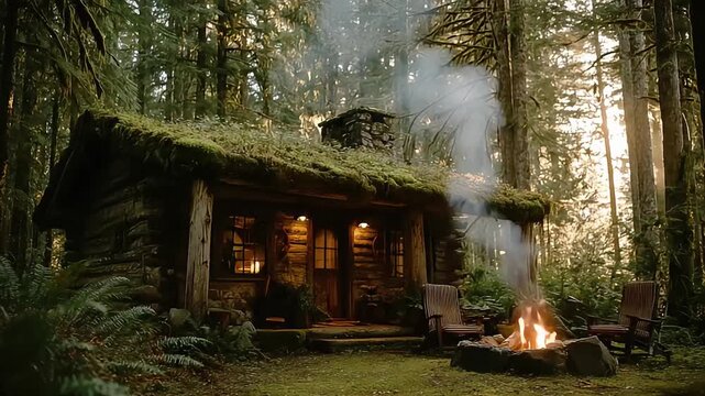 A serene cabin nestled in a lush forest evokes tranquility and invites relaxation, perfect for nature lovers seeking escape.