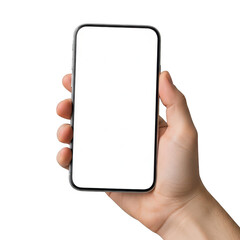 Hand holding a smartphone displaying a blank screen against a white background isolated on transparent background