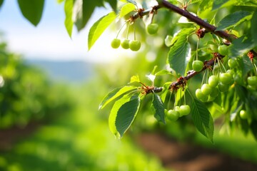 Fototapeta premium Scenic Cherry Orchard with Lush Green Leaves and Fruit Development