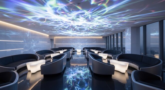 Modern lounge interior with abstract light display and stylish seating