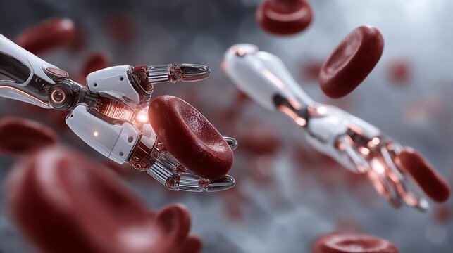 Nanotechnology concept with microscopic robots working inside human bloodstream visualization, perfect for medical nanotechnology, future healthcare, nano robotics, advanced medicine, scientific