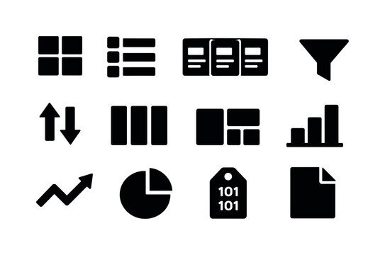 Solid vector icons of data interface: table grid, list view, card view, filter funnel, sort arrow, column layout, dashboard panel