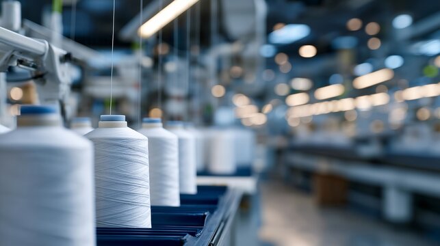 Textile factory interior with rows of industrial sewing machines and fabric rolls, ideal for clothing manufacturing, garment production, fashion industry, factory worker, textile mill, industrial
