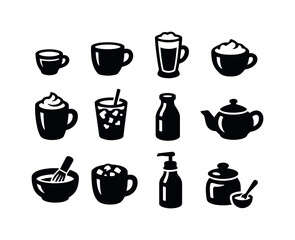 Obraz premium Solid vector icons of cafe beverage menu: espresso shot, americano cup, latte glass, cappuccino cup, mocha mug, iced coffee, cold