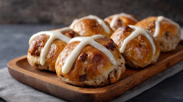 Hot cross buns freshly baked on a wooden board with icing crosses and spices, perfect for Easter holiday traditional food, festive seasonal baking, springtime treat, celebration, British tradition,