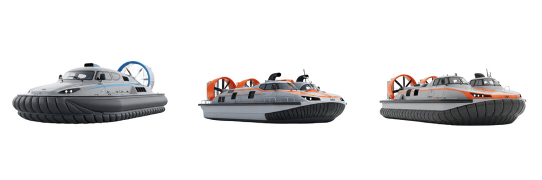 Hovercraft isolated on white background, amphibious vehicle, air-cushion vessel, high-speed watercraft, military hover ship, rescue hovercraft, modern amphibious transport vessel, ocean and river hove
