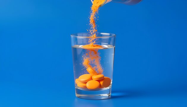 Powdered orange cold paracetamol and salicylamid poured into a glass of water for medical use, focusing on solubility, World Health Day, created with generative ai