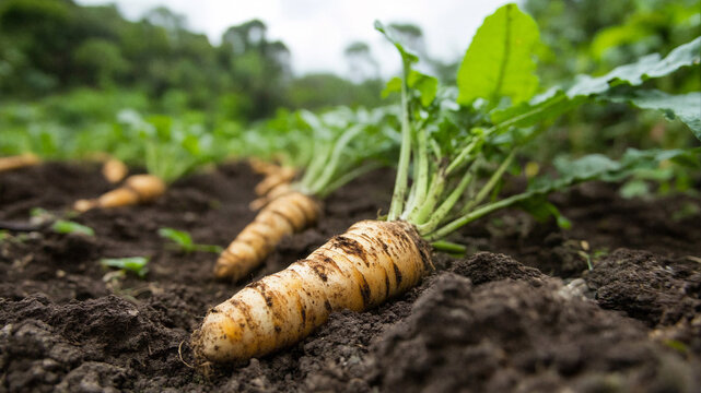 Row of fresh arrowroot tubers growing in dark fertile soil on a farm