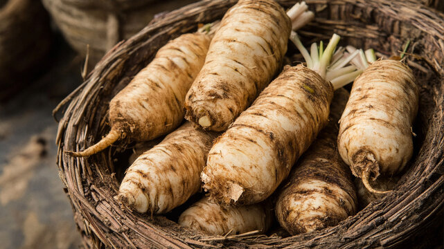 Freshly harvested arrowroot tubers with traces of soil inside a rustic woven wicker basket
