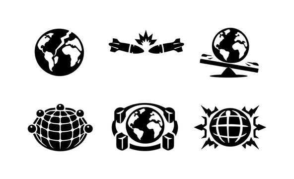 Solid style icons of precarious global stability: planet outline, opposing deterrence vectors, fragile balance line,
