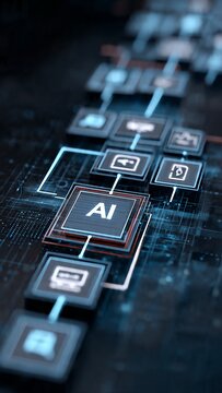 AI Processor Chip with Connected Workflow Icons, Artificial Intelligence Automation for Business Strategy, Smart Technology Network Concept