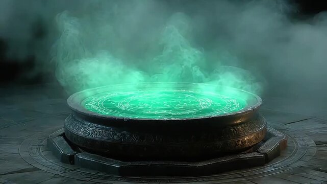 A mystical green cauldron emits ethereal smoke, perfect for fantasy-themed content and storytelling.