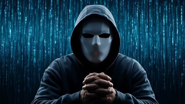 Mysterious figure in a mask and hoodie with hands clasped against a digital background