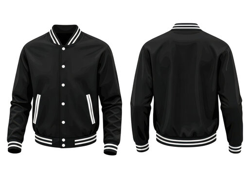 Black varsity jacket with white stripes, front and back view, classic sportswear fashion