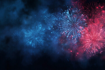 Fototapeta premium Vibrant red and blue fireworks burst against a smoky dark background creating a festive display