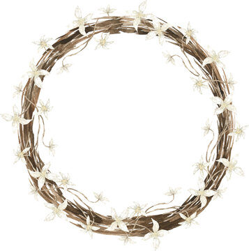 Watercolor tree branch wreath with white spring flowers. Hand drawn illustration for Easter, Spring, Mother's Day