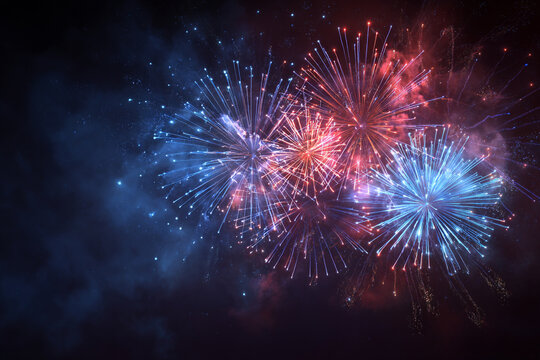 Vibrant red and blue fireworks explode against a dark night sky filling the frame with dazzling light and smoke