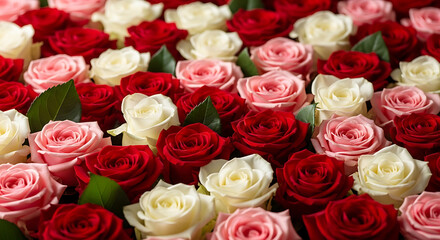 Fototapeta premium A beautiful arrangement of red, pink, and white roses, a symbol of love and affection
