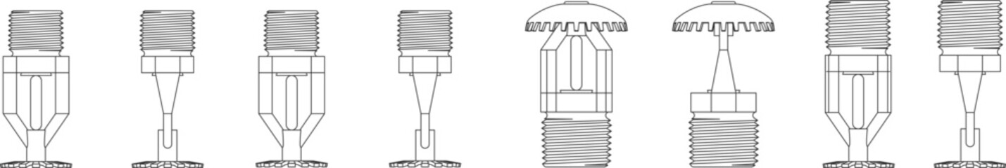 A set of technical architectural CAD blocks featuring various fire sprinkler head models, including upright and pendent types shown in side elevations for fire protection system and safety planning. © Riki