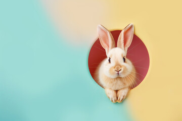 Fluffy Easter bunny peeps out of the blue and yellow wall.