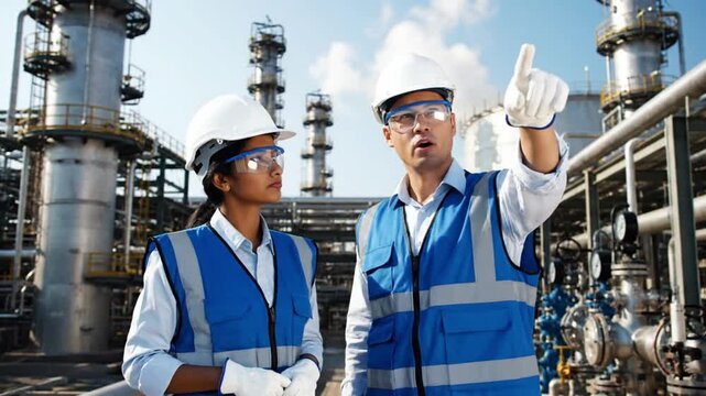 Documentary inspired cinematic video of two industrial engineers at an operational oil refinery discussing system performance white safety helmets clear protective eyewear reflective vests assertive p