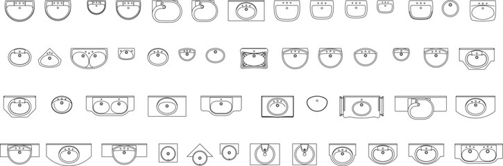 A comprehensive set of technical architectural CAD blocks featuring a wide variety of bathroom sink and washbasin designs, including circular, oval, square, and double-basin models in top-view plan pe © Riki