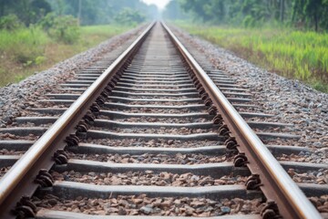 Obraz premium Long Railway Tracks Leading Forward Into the Distance Without Any Train Present
