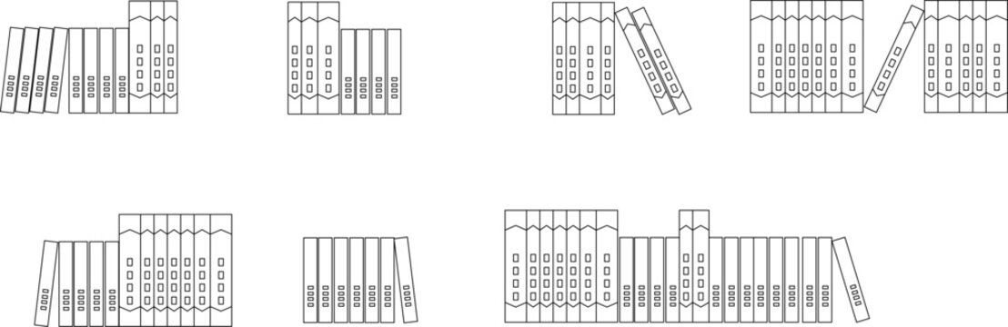 Architectural CAD block set of library or office archives, featuring detailed side elevations of ring binders and books in various organized leaning and standing positions for realistic shelf interior