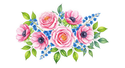 Beautiful bouquet of pink roses and flowers isolated on transparent background